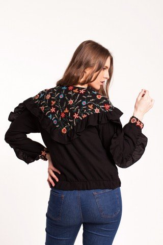 Jacheta bomber boho cu broderie florala si volan