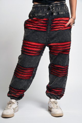 Pantaloni unisex prespalati negru-rosu aspect dublu