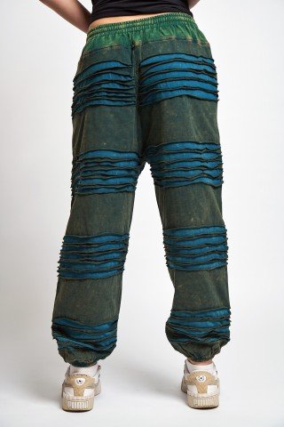 Pantaloni unisex  prespalati verde-albastru aspect dublu