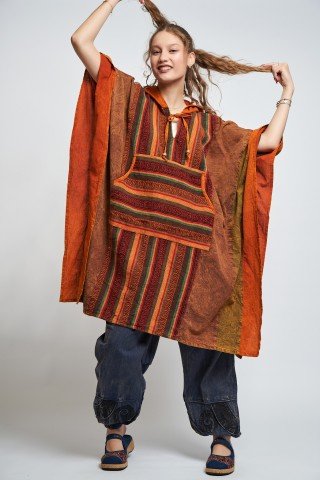 Poncho unisex portocaliu cu tesatura etnica