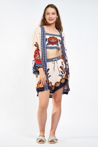 Kimono crem cu print bleumarin caramiziu