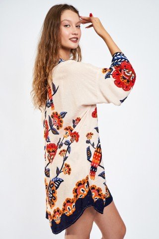 Kimono crem cu print bleumarin caramiziu