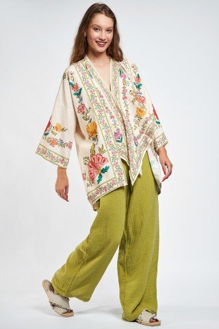 Kimono crem oversize cu print floral