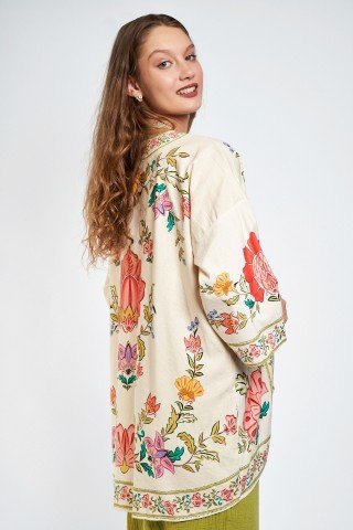 Kimono crem oversize cu print floral