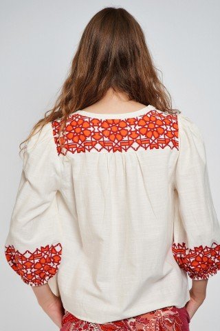 Bluza alba tip ie cu broderie orange