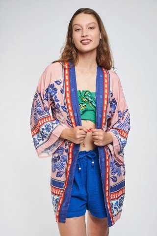 Kimono roz pudra cu albastru