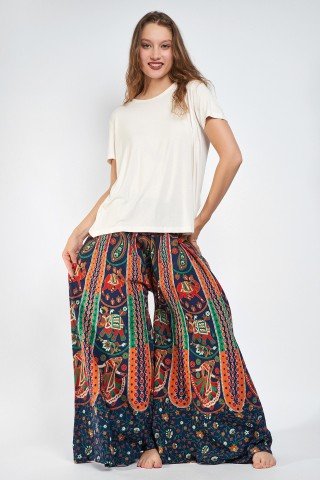 Fusta pantalon bleumarin portocaliu cu print indian