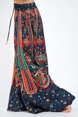 Fusta pantalon bleumarin portocaliu cu print indian