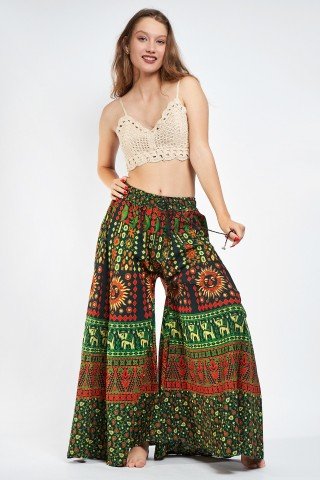 Fusta pantaloni verde cu portocaliu si print indian