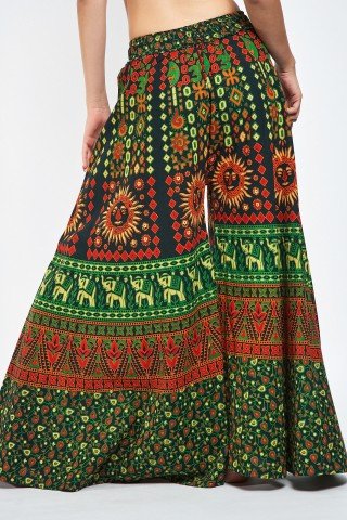 Fusta pantaloni verde cu portocaliu si print indian