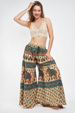 Fusta pantalon crem cu print indian